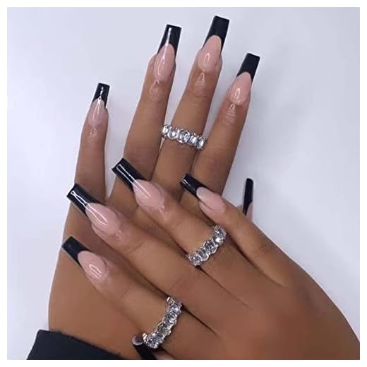 Hkanlre Square Long Press on Nails Tips French Fake Nails Black Full Cover Xl False Nails Ballerina for Women and Girls 24PCS