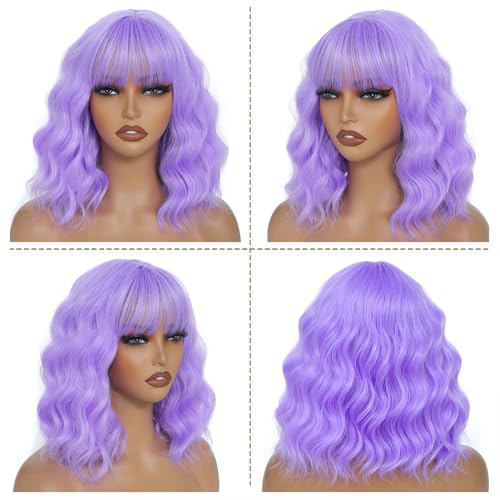 Sarensall Purple Wigs for Women Short Wavy Bob Wig with Bangs Synthetic Wig for Party Daily Cosplay Costume Wig Use — view 3