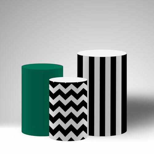 NIVIUS PHOTO Sports Football Theme Cylinder Display Pedestal Covers, Black and White Chevron, Striped and Green, Set of 3 (TZ069,Large-Set of 3)