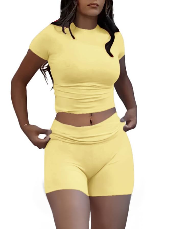 AYWA Womens Two Piece Sets Summer Slim Fitted Short Sleeve Tops Foldover Shorts Matching Lounge Sets (Yellow Medium)