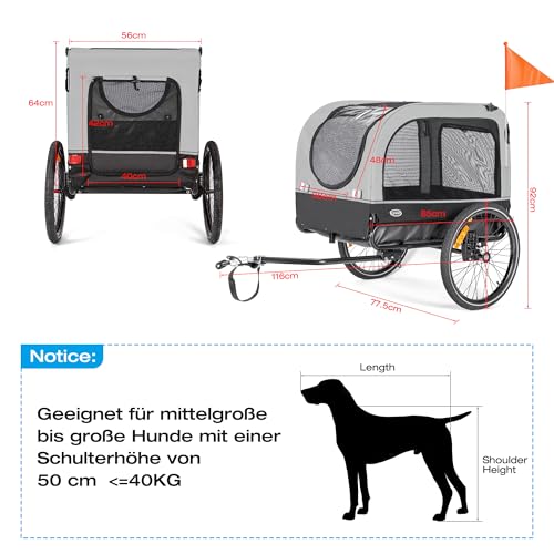 CXWXC Fahrradanhänger für Hunde 2 in 1 Fahrradanhänger & Jogger hundewagen mit Stoßdämpfer, Hundeanhänger Maximale Belastbarkeit 40KG/88LBS (Grau)