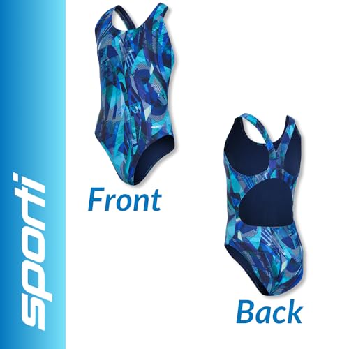 Image of Sporti Wide Strap Girls' Athletic One-Piece Swimsuit - Printed Pattern Competitive Bathing Suit, Racerback Style for Girls