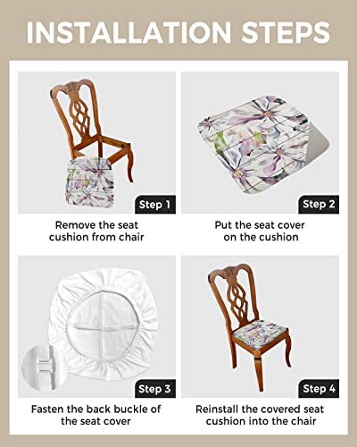 Seat Covers For Dining Room Chairs, White Magnolia Flower Print Wood Grain Fitted Stretch Jacquard Chair Seat Covers, Removable Washable Kitchen Dining Chair Slipcovers Protector Set #TOP3