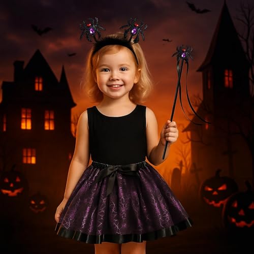 QckZee Spinnen Kostüm Kinder, Halloween Kostüm Mädchen, Spinnen Kinder Tutu Rock mit Spinnen Haarreif und Spinnen Zauberstab, Spinnen Kostüm Mädchen für Halloween Karneval Cosplay
