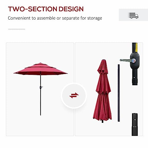 Outsunny 9' 3-Tier Patio Umbrella, Outdoor Market Umbrella With Crank And Push Button Tilt For Deck, Backyard And Lawn, Wine Red #TOP5