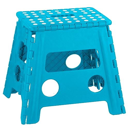 Large Plastic Folding Stool with Non-Slip Dots by PREMIUS, Convenient, Sturdy, and Space-Saving Non-Skid with Extra Stability, Boost to Hard to Reach Places Around The Home and Office (Blue)