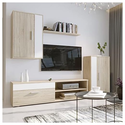 Homely - Mueble de Salón Modular IBIZA MINI | Conjunto 4 Muebles | Muebles Salón Completo | Mueble para Televisión + Mueble Bajo + Mueble Alto + Estantería Alta | Color Roble y Blanco