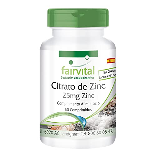Fairvital | Zinc 25mg - Citrato de Zinc de alta biodisponibilidad - VEGANO - Dosis elevada - 60 Comprimidos - Calidad Alemana