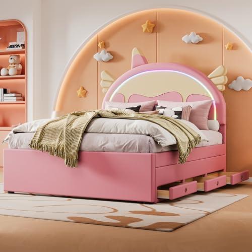 Moimhear 140 * 200cm Cartoon Kinderbett, Einhornform, ausgestattet mit ausziehbares rollbett, PU-Material, (Rosa, 140 * 200cm)