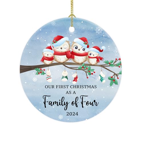 Image of First Christmas As Family of 4 Ornament 2024 - New Parent Owl Family Keepsake Ceramic Christmas Ornament
