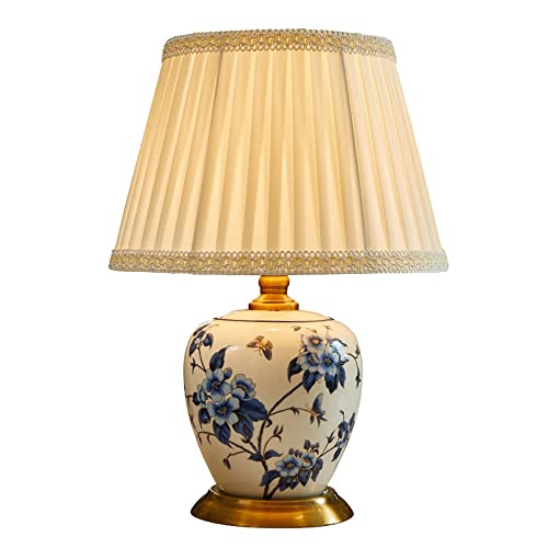 SDFDSSR 43 * 30 cm Amerikanische Keramik Tischlampe Schlafzimmer Nachttischlampe Zuhause Warm Alle Kupfer Wohnzimmer Nachttischlampe Blau Und Weiß Glasierte Keramik Tischlampe Cover