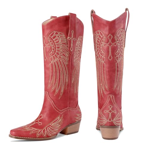 Womens Knee High Boots Cowboy Cowgirl Tall Western Boots Pull On Square Toe Low Chunky Heel Retro Dress Ladies Comfortable Embroidered Boot2