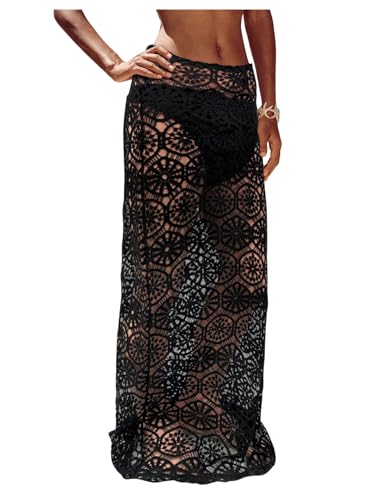 MakeMeChic Women's Hollow Out Drop Waist Maxi Skirt Straight Hem Summer Beach Skirts Swimsuit Coverup