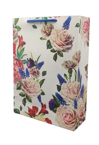 Image of Arrow Paper Products Deluxe Rose Flower Printed Paper Gift Bags for Return Gifts | Weddings | Birthday | Holiday Gifting & Presents (Size: 28x20x7.5 cm | Pack of 40)