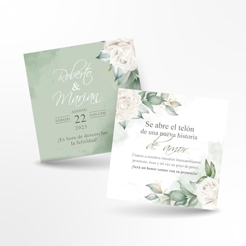 Convites de casamento personalizados de 15 x 15 cm de frente e verso, com data, nomes e texto - detalhe de casamento para convidados de convite e casamento, 25,50 ou 100 unidades (Elegante)