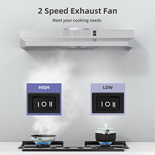 FIREGAS 30 Inch Under Cabinet Range Hood, 300 CFM Powerful & 45dB Quiet Vent Hood, Slim Stainless Steel Stove Hood for Kitchen & Apartments, 2-Speed Exhaust Fan, Ducted/Ductless Convertible by FIREGAS - Image 3