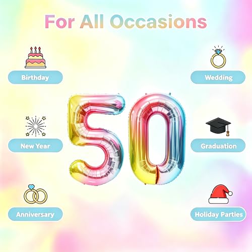 Image of Rainbow Number Balloons Birthday Balloons - Giant Number 50 Balloon 40 inch, Numbers Balloon Birthday Decorations, Rainbow Party Supplies for Baby Shower