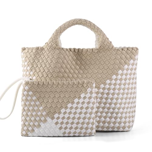 Image of Woven Bag for Women, Neoprene Tote Bag Summer Beach Handbag Purse Retro Handmade Travel Shoulder Bag Set