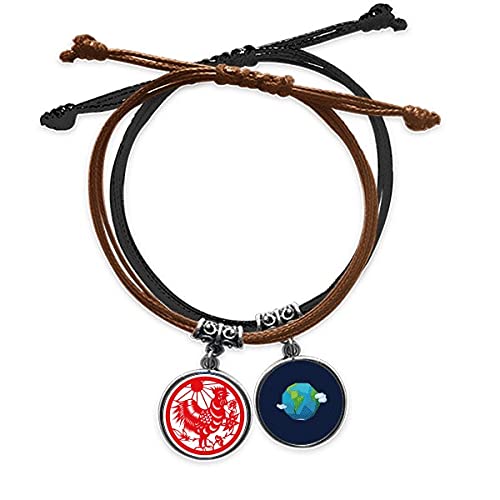 Pulsera de Cuero del Zodiaco Chino Gallo con amuleto calado de alta calidad