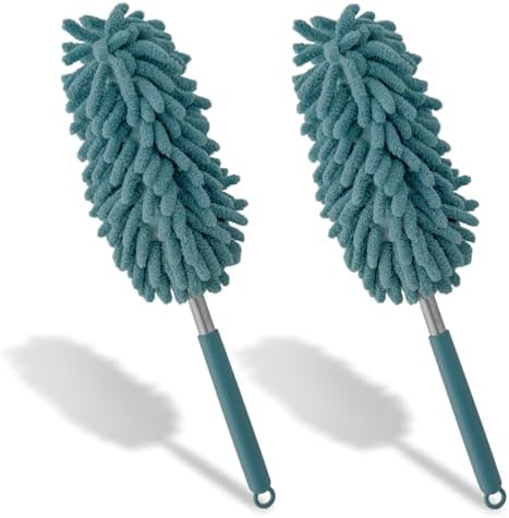Rebvugr 2PCS Car Interior Duster with Extension Pole, Car Duster, 11.8" to 31.5" Retractable Dusters Auto Dash Cleaning Tool, Soft Chenille Detailing Brush for Cleaning Vehicles, Home (Blue)