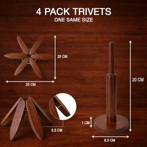 Image of Lyrovo Wooden Trivets for Hot Dishes, Tree Shape Trivet Set, 4 Walnut Wood + 1 Stand stored Like a Christmas Tree,Foldable Kitchen Wooden Trivet,for Hot Dishes、Pot、Bowl、Teapot、Hot Pot Holder