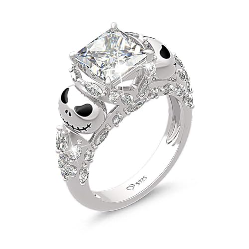 Jeulia Jack Nightmare Rings Women Christmas Skull Rings 925 Sterling Silver Princess Cut Band Ring Anniversary Promise Romantic Christmas Gifts for Her