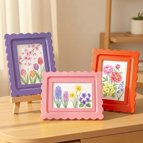Image of Novabright 3 Pack 4x6 Colorful Scalloped Picture Frames Wood Wavy Picture Frame Set Fun Cute Photo Display for Home Desktop Decor Wedding Graduation Gifts(Pink,Red,Purple)