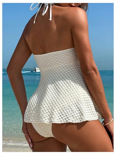 OYOANGLE Women's Tankini Bathing Suit Two Piece Textured Ring Linked Halter Swimsuit Beachwear2