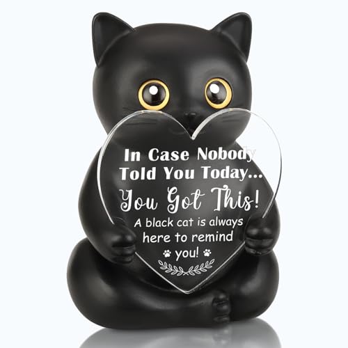 Estatua de gato negro de resina con mensaje de apoyo