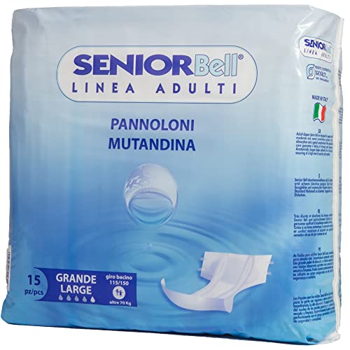 Sanigen Pañales para incontinencia, fabricados en Italia, para adultos, paquete de 15 unidades, talla grande, para personas mayores, con barreras protectoras y adhesivos reposicionables, unisex (15