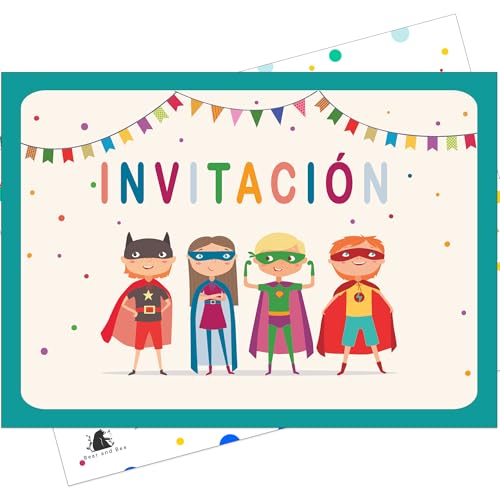 Bear and Bee Set de 20 Invitaciones Cumpleaños Niños – Tema Superhéroes, Tarjetas A6 Sin Sobres – Invitaciones Fiesta para Niños y Niñas