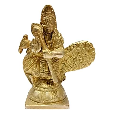 athizay Small Brass Kartik Lord Statue with Peacock Virgin Brass Muruga Figurine 8 cm Brass kartikeya Idol for Home Temple Cover