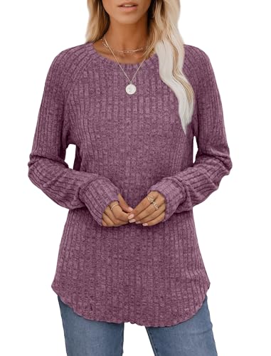 Image of Saloogoe Women's Long Sleeve Top Crewneck Basic Lightweight Fall Shirt with Thumb Hole