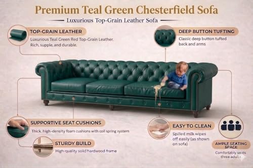 Image of Modern Classic Design Leatherette Luxury Chester Sofa Set with Button Tufted, Sofa for Living Room Home, Office, Hotel, Retaurant, Banket Hall and Lobby (Tel Green, 3+1=4 Seater Sofa)