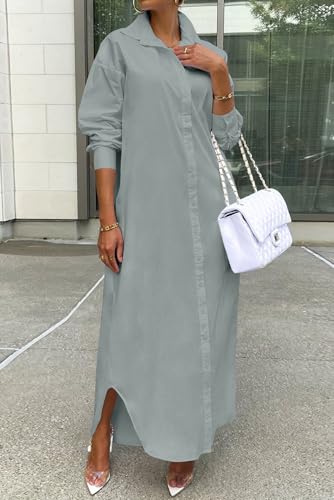Image of Choichic Shirt Dresses for Women Casual Long Sleeve Cotton Button Down Maxi Dresses