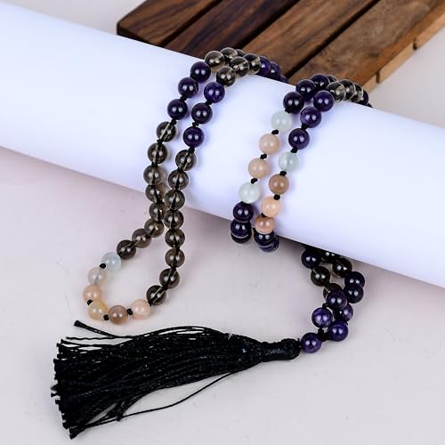 Collier Mala 108 perles améthyste quartz fumé pierre de lune lithothérapie