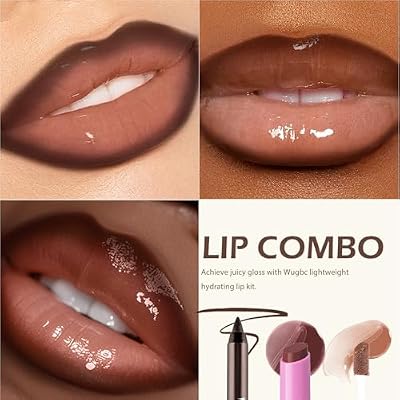 Lip Combo - 2 Colors Lip Gloss with Brown Lip Liner, Moisturizing Matte Click Lipstick Balm Non-Sticky Lip Oil Smooth Lip Liner Pencil High Shine Daily Plumping Lip Kit Makeup for Women