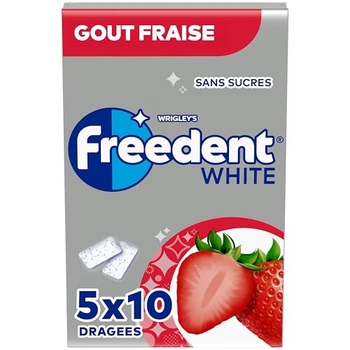 FREEDENT WHITE - Chewing Gum Sans Sucre - Goût Fraise - 5 Paquets de 10 Dragées - 70g