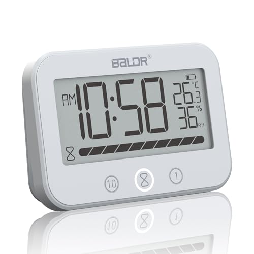 ALEENFOON Reloj de baño digital, IP54 impermeable reloj de ducha con temperatura y humedad, temporizador de cuenta regresiva de 99 minutos con alarma, temporizador con 2 ganchos adhesivos y 2 ventosas