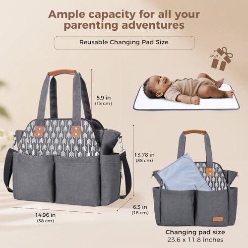 Lekebaby Diaper Bag Tote Purse Satchel Diaper Messenger for Mom and Girls Grey, Arrow Print