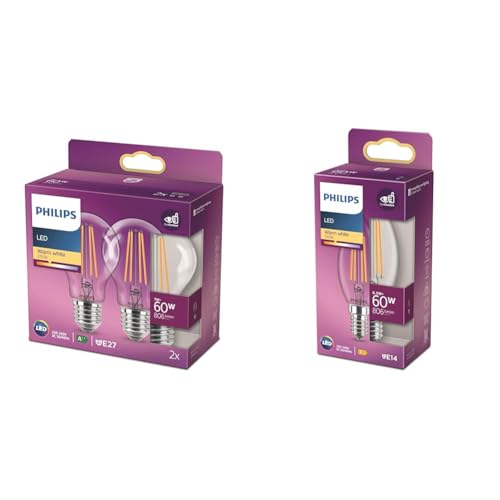 Ampoule LED Standard E27 Philips 60W Blanc Chaud Claire Lot de 2 avec Flamme E14 Verre