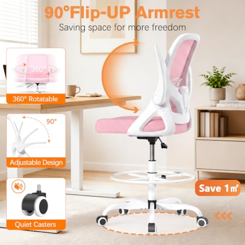 Image of ORRSAKER Drafting Chair, Tall Office Chair with Flip-up Arms, Mesh Ergonomic Computer Standing Desk Chair with Adjustable Height Foot Ring and Lumbar Support, 300 LBS Capacity, Pink