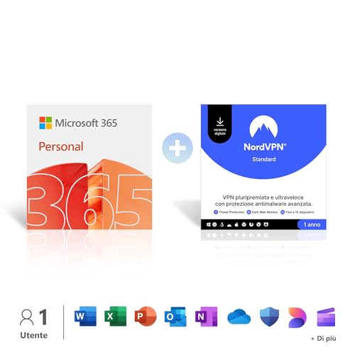 Microsoft 365 Personal | 12 mesi | 1 persona | App Office con AI & 1TB di Spazio di archiviazione OneDrive + NordVPN Standard | 10 dispositivi, 1 Anno VPN e Cybersecurity | Codice Digitale