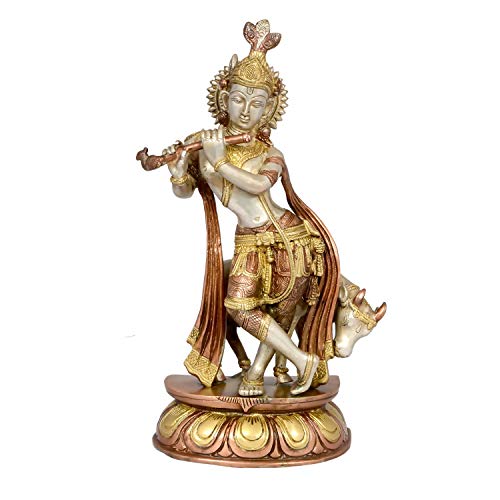 Aone India Beautiful Lord Krishna and Cow Playing Flute Statue Height : 13.7 Inches