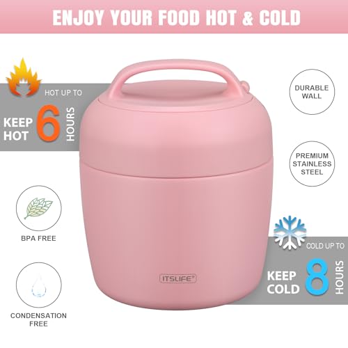 Image of Thermo Food Jar for Hot Food Adults 32OZ Soup Thermo Lunch Containers Wide Mouth Vacuum Insulated Stainless Steel Leakproof Bento Box with Spoon (NEW-PINK)