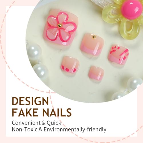 Image of Flower Toenails Press ons Pink French Tip Fake Toenails Short Square Stick on Toe Nail with Rhinestone Design Glossy Full Cover Spring Summer Press on Toe Nails for Women Manicure 24Pcs