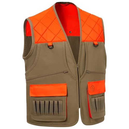 BASSDASH Multi Pockets Upland Field Bird Hunting Vest Blaze Orange Brown Water Resistant Rip Stop for Men Women