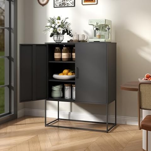 EKJ Sideboard Buffet Cabinet with Storage, Metal Sideboard Cabinet with 2 Doors, Modern Coffee Bar Cabinet for Home Kitchen, Living Room, Dining Room (Black) Cover