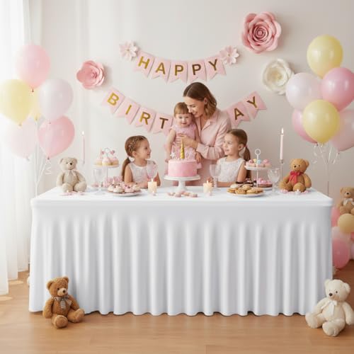 Image of HolidayIdeas White 4ft Spandex Tablecloth 2 Pack Fitted Stretch Rectangluar Table Skirts 24x48 Inch, Wrinkle-Free Floor Length Polyester Table Cover for Weddings Parties Banquets Events