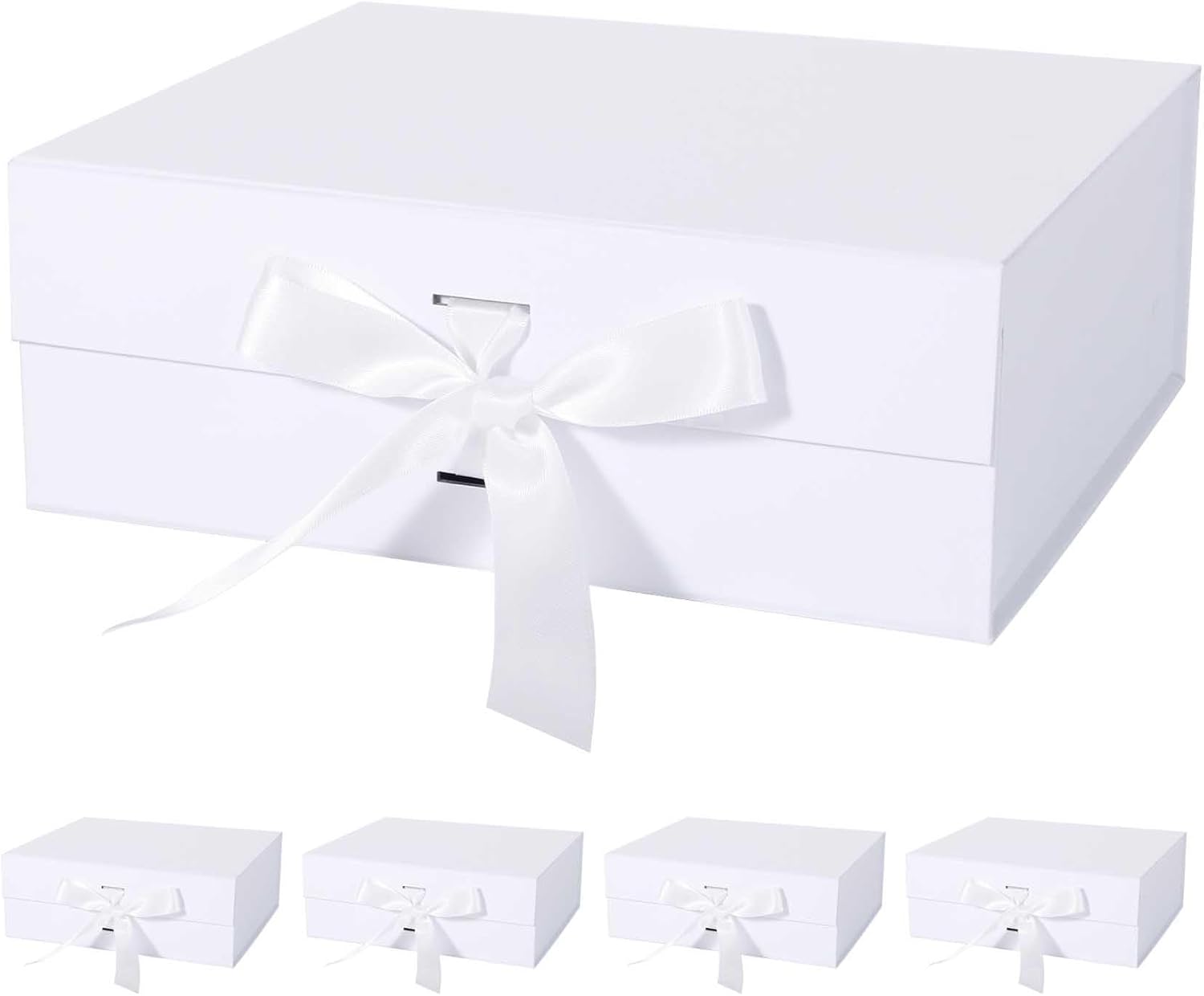 LFBOX White Gift Box with Ribbon Magnetic Lids 10.2x9x3.74 in, Christmas Gift Boxes Bridesmaid Groomsman Proposal Boxes, Wedding Storage Box 5 Pack